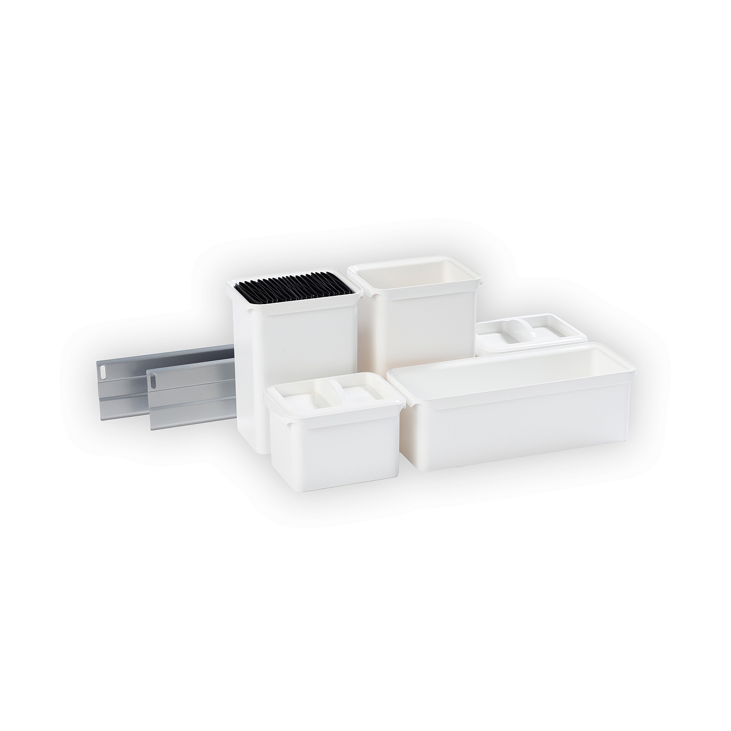 Набор емкостей №1 Юбокс, Диспенса / Диспенса Джуниор 300 мм, 2х бокса 1л, 1хбокс 2, 1л., 2хбокса 2л., 2хкрышки, делитель для ножей, цвет Титан / емкости Белые