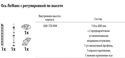 Комплект установочный, Леманс, H 600-750, Ось + крепежный профиль для полок, цвет ТИТАН Kessebohmer | официальный магазин